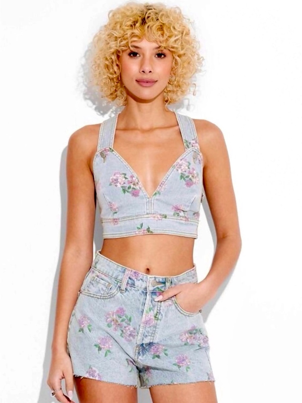 • Wild Fable Floral Light Wash Denim Crop Top